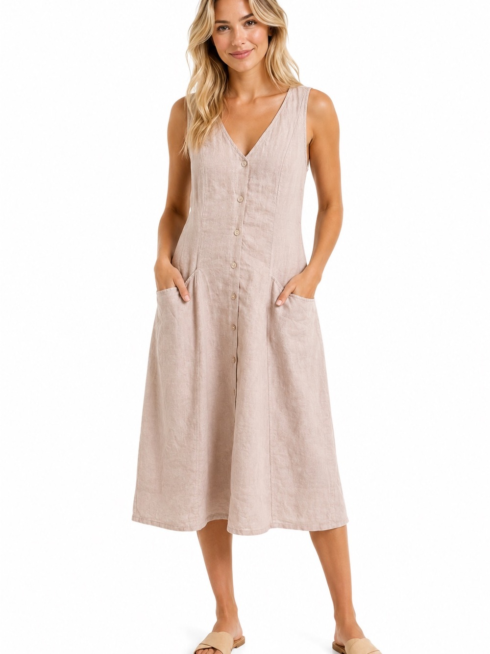 Tahari 100% Linen Sleeveless Button-Front Midi Dress in Light Beige